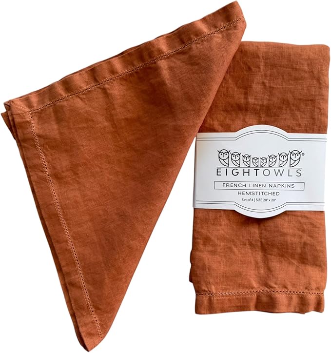 Hemstitched Linen Napkins – 20 Inch x 20 Inch – Stonewashed Pure Linen Cloth Dinner Napkins with Mitered Corners - 100% French Flax – Machine Washable - Set of 4 (Rustic Orange)