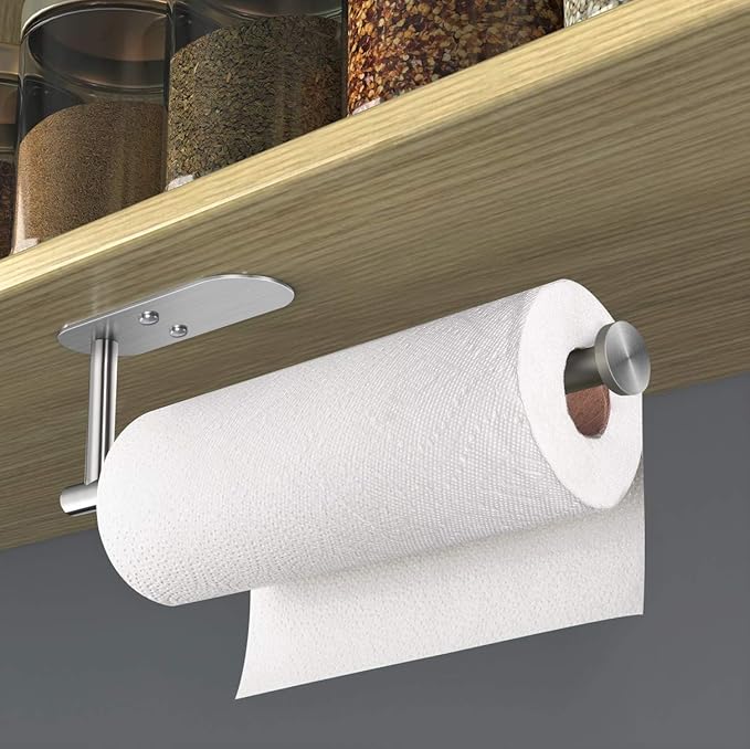 VAEHOLD Adhesive Paper Towel Holder Under Cabinet Mount, Wall Mounted Paper Towel Roll Holder for Kitchen Paper Towel, Stainless Steel（Silvery）