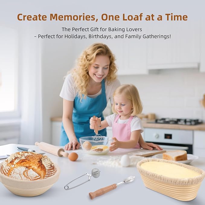 Sourdough Bread Proofing Basket Set, 9" Round & 10" Oval Proofing Baskets with Glass Starter Jar, Dough Whisk, Dough Cutter, Bread Sling & Complete Baking Kit