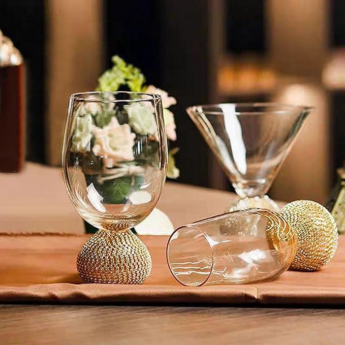 Wine Glasses Set of 4,Stemless Wine Glass,Unbreakable Crystal Fancy Glasses,15 Oz Short Handle Red/White Glasses,Unique Wine Gifts for Women,for Home Bar, Party, Birthday (Gold Clear)