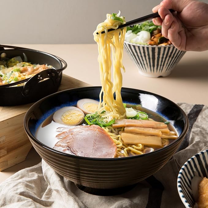 NUTRIUPS 8 Inch Ceramic Ramen Bowl Set of 2 Pho Bowls 40oz Japanese Noodle Udon Soup Bowls with Spoons and Chopsticks (Moon Blue)