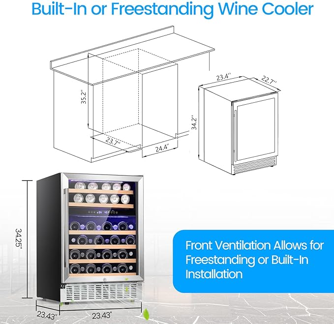 46 Bottle, 23.4 Inches Refrigerator Wine Fridge for Red White, Champagne, Beer, Temperature (41°F-68°F), Freestanding Built-in, Glass Door, 5.3 Cuft-Dual Zone, Silver