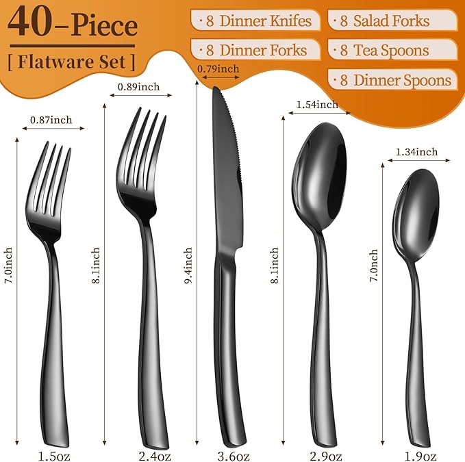 40-Piece Black Silverware Set, Heavy Duty Stainless Steel Flatware Cutlery Set Service for 8, Food-Grade Utensil Sets for Home Restaurant, Dishwasher Safe