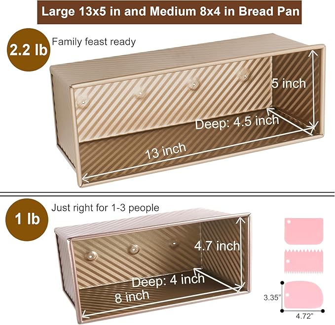 Pullman Loaf Pan with Lid, Pullman Loaf Pan 2.2 LB/1 LB, 2 Pack Nonstick Sandwich Bread Pan, for Bread, Sandwiches, and Toast, Golden, Deep Side and Corrugated