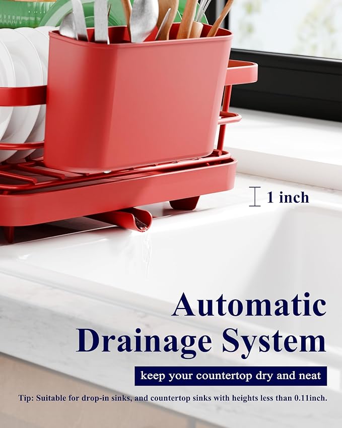 Kitsure Dish Drying Rack for Kitchen Counter, Stainless Steel Sink Organization and Storage Essentials with Cutlery Holder, Home and Appartment Decor, 12''W x 15.5''L, Red