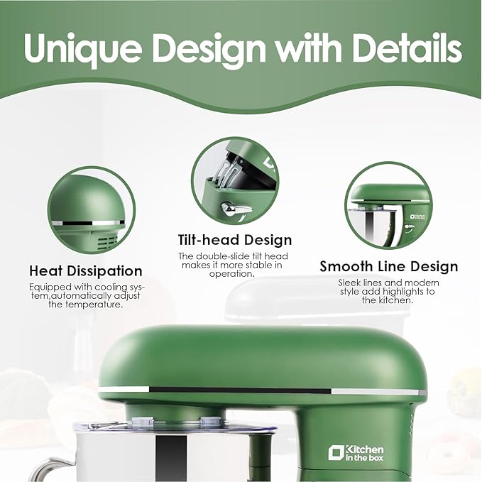 Kitchen in the box Stand Mixer - 6.5 Quart Mixing Bowl with Handle, 900 Watt Powerful Heavy Bread Dough Standing Mixers Tilt-head with Dough Hook, Whisk, Flat Beater and Splash Guard (Green)