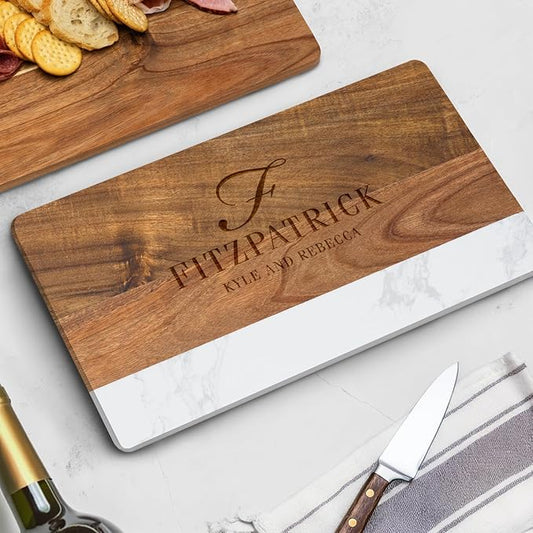HomeWetBar Personalized Acacia Charcuterie Board | Custom 16" x 9" White Marble & Acacia Wood Cheese Board | Perfect Housewarming + Wedding + Couples Gift Idea