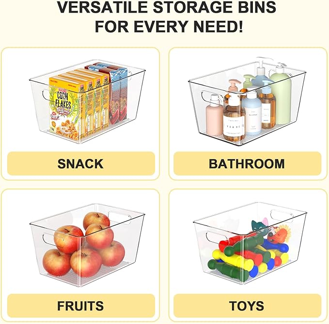 Set of 8 Clear Plastic Storage Bins, 6 Large +2 Small Pantry Organizers and Storage Containers for Kitchen Organization, Home Storage Essentials for Office, Closet, Garage, Freezer& Bathroom