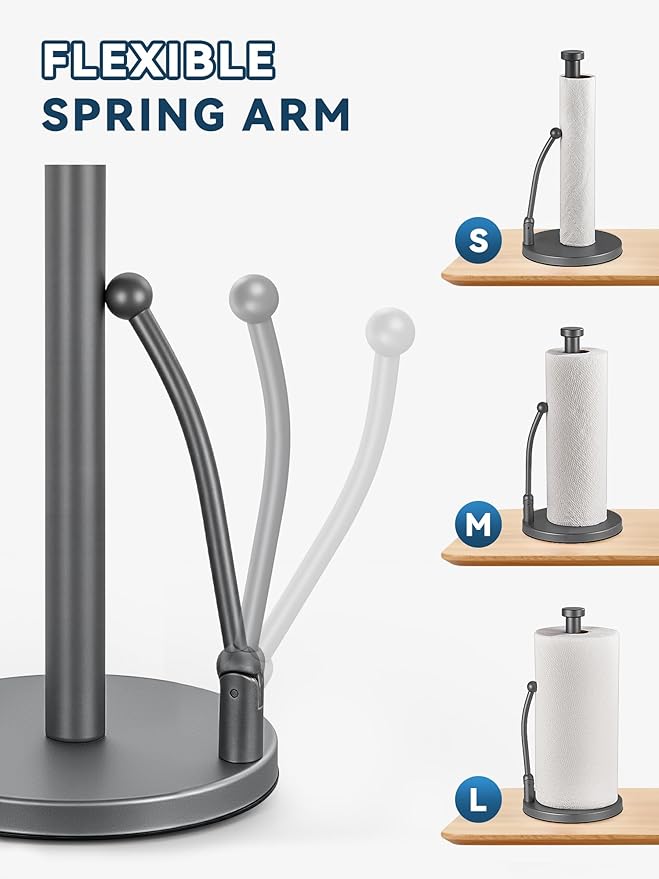 SMARTAKE Paper Towel Holder, Paper Towel Dispenser Standing Weighted Base Non Slip, Spring Arm for Easy Tear, Stainless Steel Paper Towel Holder for Home Kitchen Countertop Tabletop, Metallic Gray
