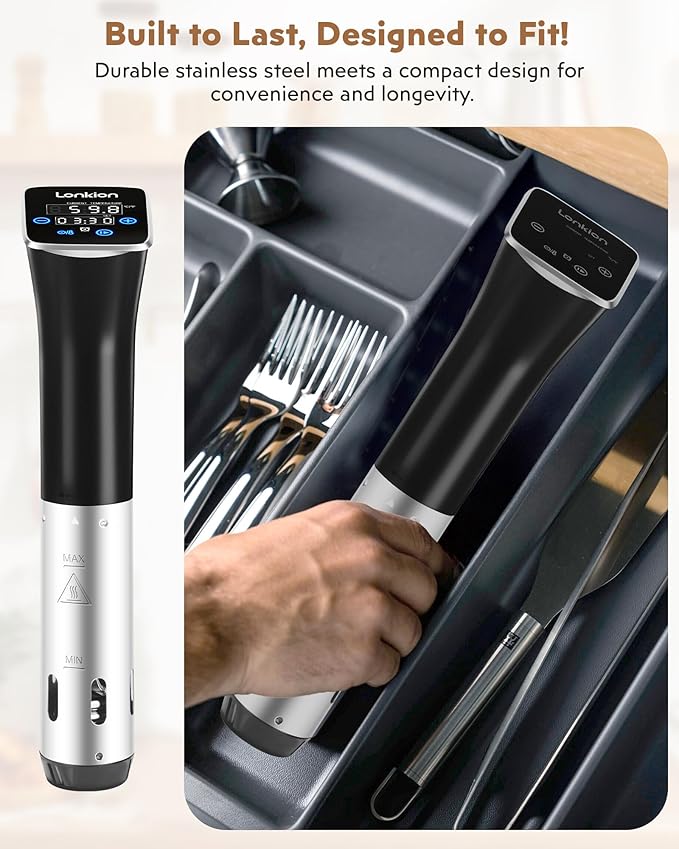 Sous Vide, Lonkion Sous Vide Cooker Machine, Temperature Control, 1100W IPX7 Immersion Circulator, Fast Heating, Home Kitchen Use, Easy to Store