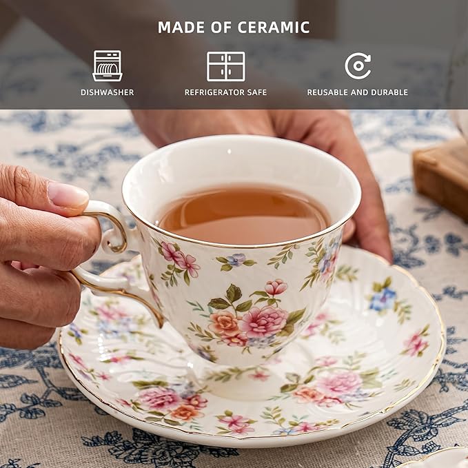 tea cups and saucers ceramic coffee mug 6oz for Coffee, Latte, Cafe Mocha and Tea-Set of 4, white with flowers