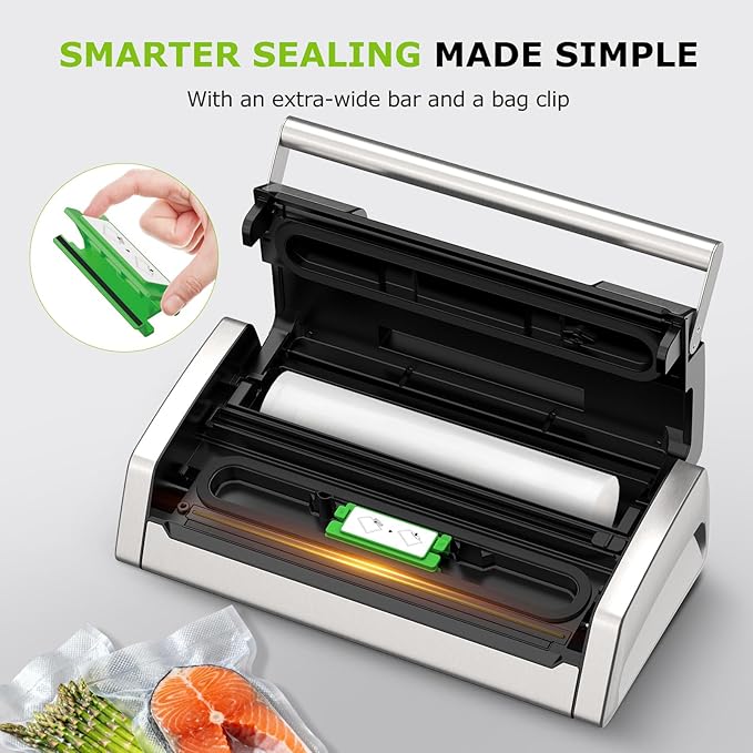 Bonsenkitchen Vacuum Sealer for Food, Easy-Lock Handle Vacuum Sealer Machine with Bag Clip, Built-in Cutter and Bag Storage for Sous Vide and Meal Prep, 1 Roll Bag & 10 Pre-Cut Bags, Silver