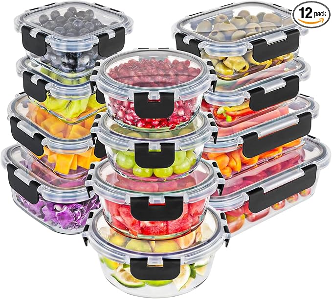 Magic Mill Premium Borosilicate Glass Food Storage Containers with lids Set | 24pc Sets with 12 Bowls & 12 Airtight Locking Lids for Lunch & Meal Prep, Safe for Oven, Freezer, Dishwasher, BPA-Free