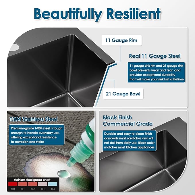 ROVOGO 15x17x8 in. Drop in Kitchen Sink Single Bowl, Black Prep Sink 304 Stainless Steel, 1-Hole Small Secondary Entertainment Wet Bar Sinks