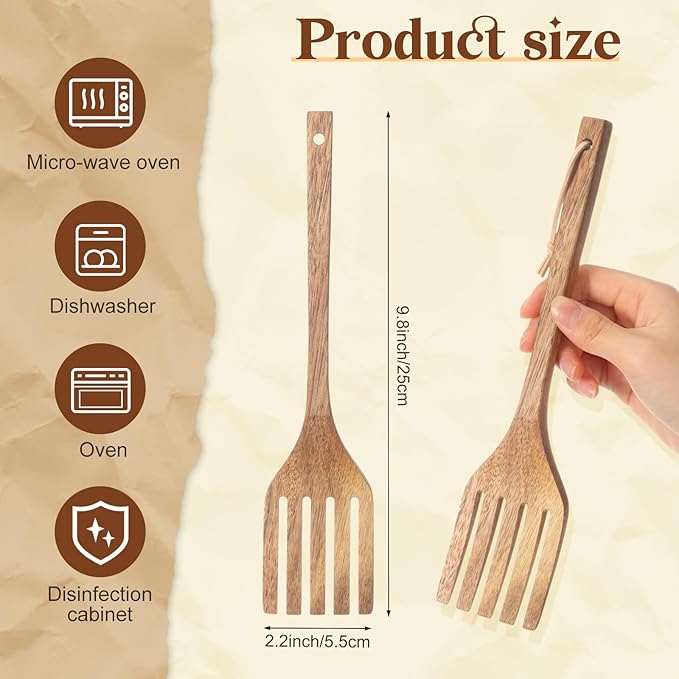 Baderke 10 Inches Acacia Wooden Forks for Cooking Kitchen Baking Tool Five Tines Long Handle Wood Fork for Home Restaurant Kitchen Salad Pasta Grill Tasting Utensils