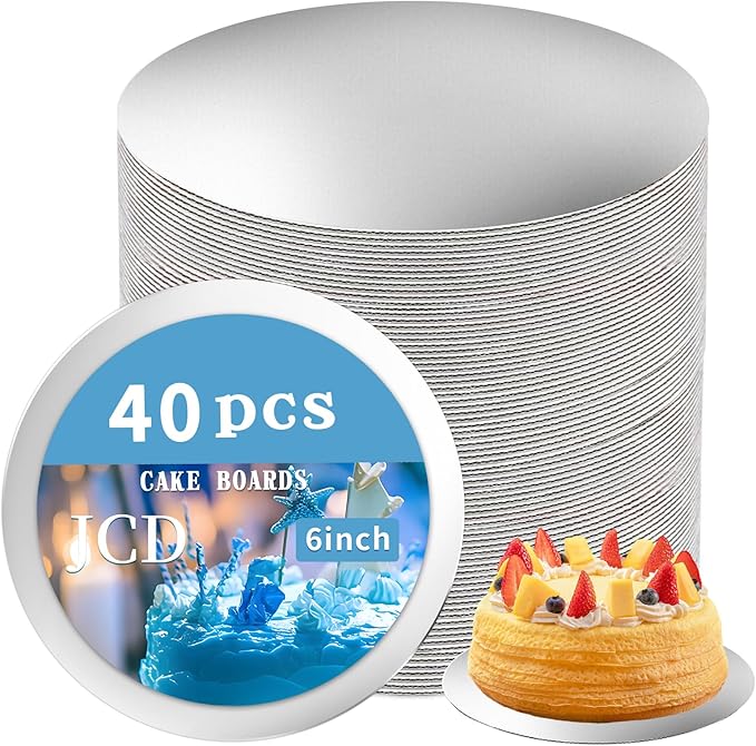 JCD Sliver Cake Boards 6 inch Round, 40 Packs Food-Graded Cardboard Cake Rounds, Waterproof and Oil-Proof Cake Plates, Sturdy Corrugated Cake Base, Ideal for Baking, Cake DIY(Sliver, 6inch/40Pcs)