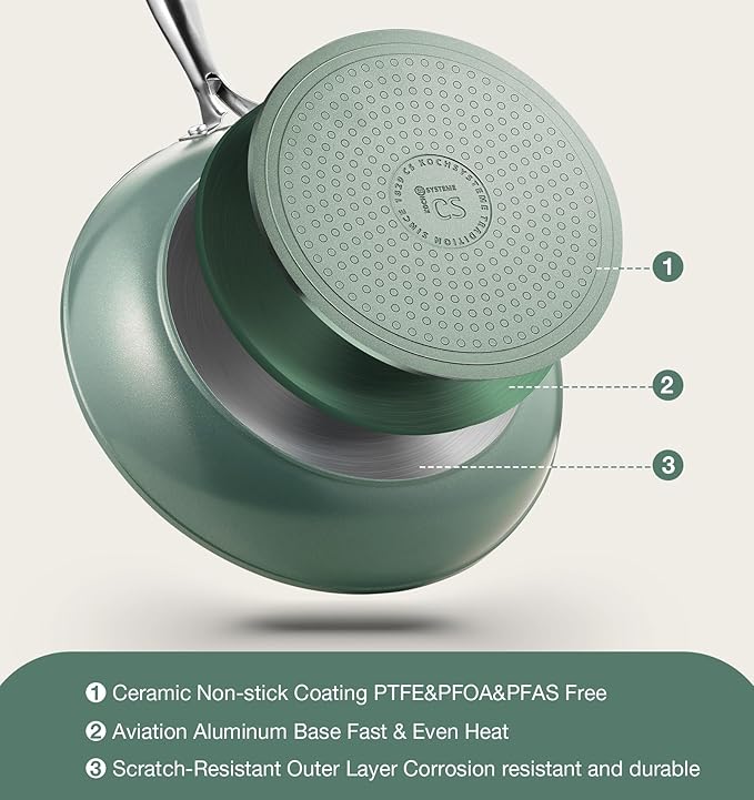 KOCH SYSTEME CS 10 Inch Nonstick Frying Pan with Lid, Non Stick Ceramic Frying Pan with Stay-Cool Stainless Steel Handle, Induction Compatible Skillet, PTFE & PFOA Free, Oven Safe, Sage Green