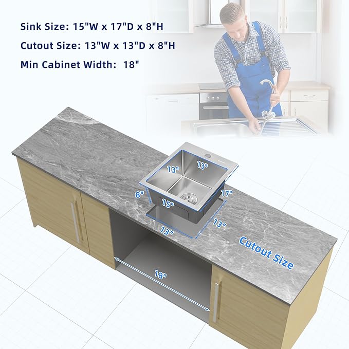 Kitchen Sink 15x17 Topmount Single Bowl Drop-in Sinks 304 Stainless Steel Handmade Home Bar Outdoor RV Sinks Brushed