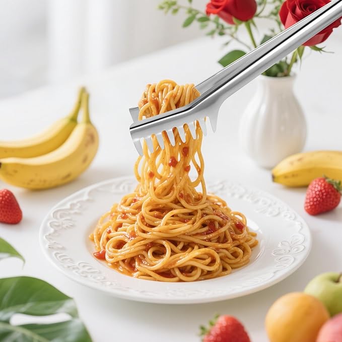Pleafind Spaghetti Spoon and Spaghetti Tong - 12 Inch Extra-thick, Non-Stick Spaghetti Fork and Kitchen Tong, Easy Storage and Dishwasher Safe Utensils for Cooking, Ergonomic Design