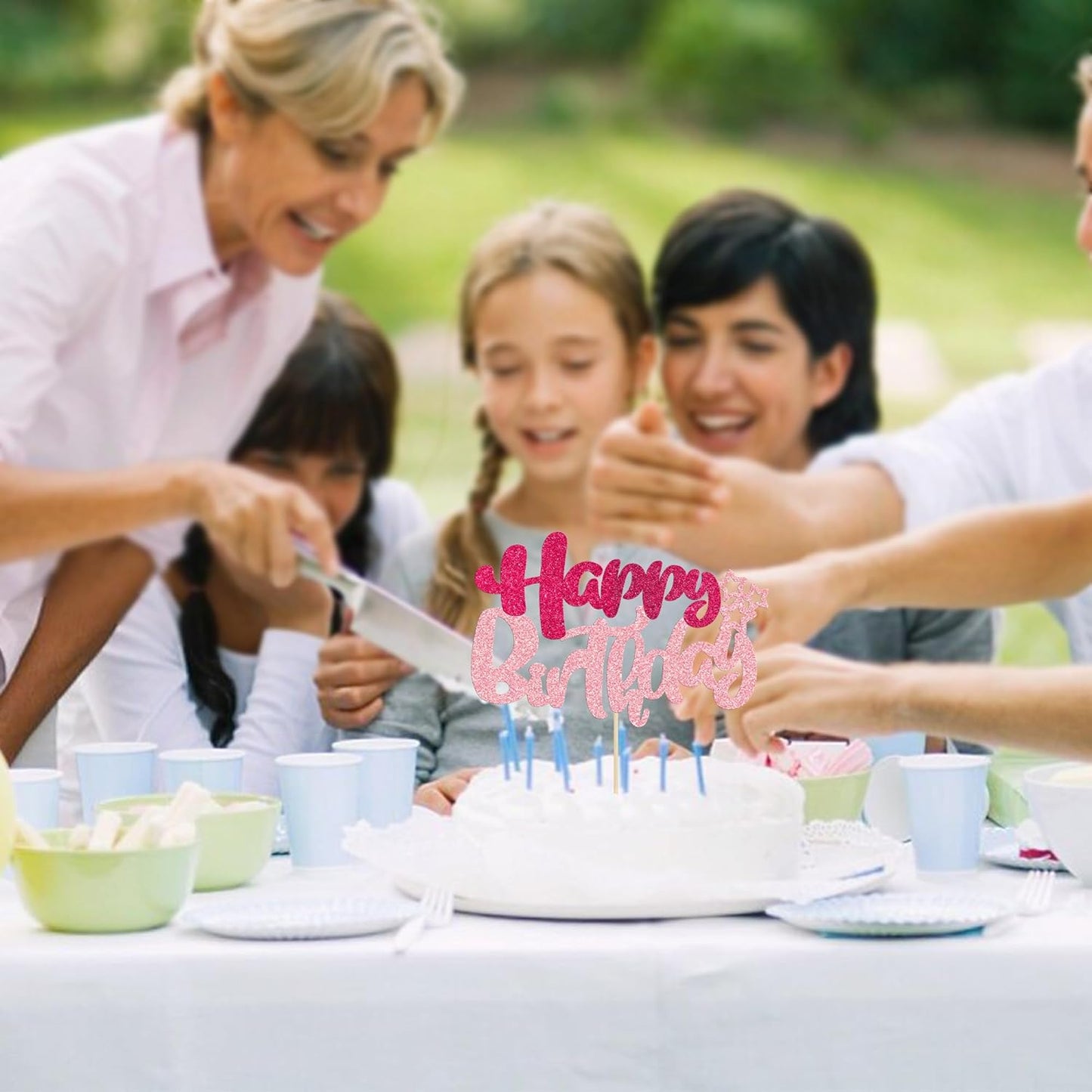 Ephlyn 1Pcs Glitter Happy Birthday Cake Topper for Celebrating Anniversary Theme Party Cake Decorations Supplies Rose Red Pink