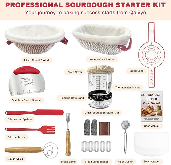 Sourdough Bread Baking Supplies, Sourdough Starter Kit with Cotton Rope Oval & Round Bread Proofing Basket and Sourdough Starter Jar, Artisan Bread Making Kit Ideal Gift for Bakers, Women Wife Mom
