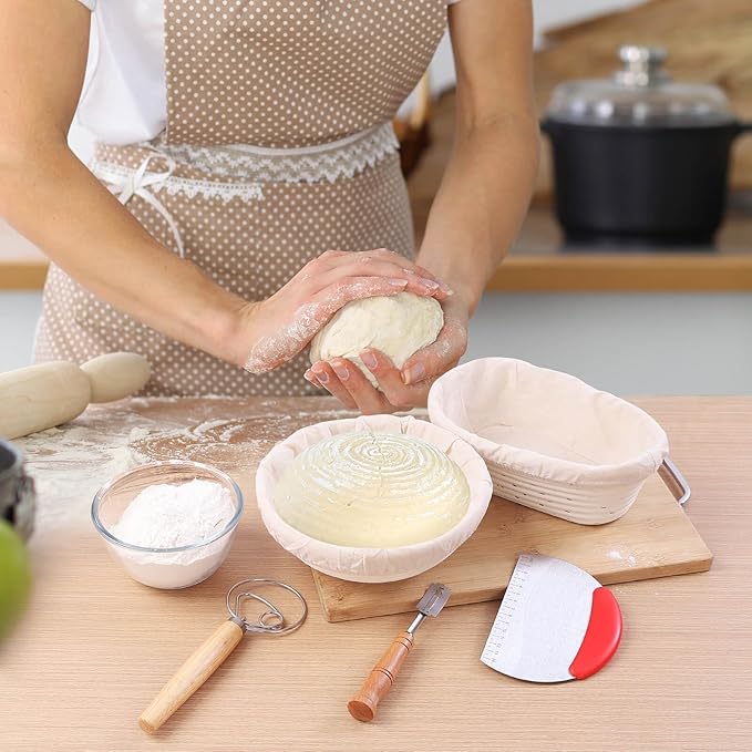 Banneton Bread Proofing Basket, Sourdough Bread Baking Supplies, Round Oval Rattan Rising Proofing Baskets Bowls Set of 2, Artisan Sourdough Bread Gifts for Home Bakers