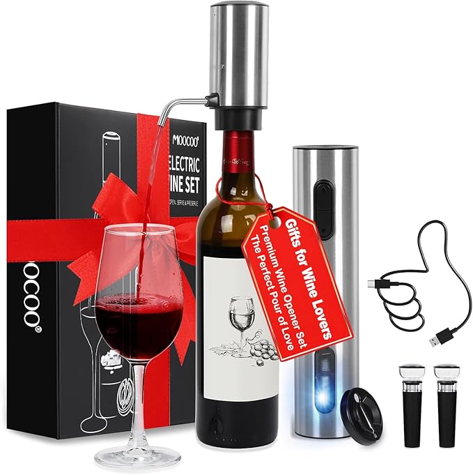 Electric Wine Opener Gift Set, Automatic Electric Wine Bottle Corkscrew Opener Rechargeable with Foil Cutter, Automatic Aerator, 2 Vacuum Stoppers for Home Bar Outdoor Parties, Stainless Steel