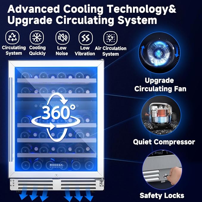 BODEGA 24 Inch Wine Fridge Dual Zone, 46 Bottle, Built-In or Under Counter Freestanding Wine Cooler Refrigerator With Stainless Steel Handle, Wine Cooler With Lock, Energy Efficient,For Home, Kitchen