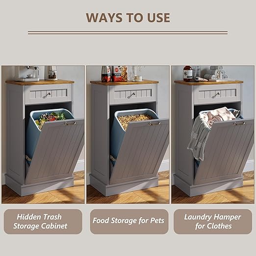 Tilt Out Trash Bin Cabinet Dog Proof Trash Can Holder Kitchen Island with Garbage Bin or Tilt Out Laundry Hamper (Gray)