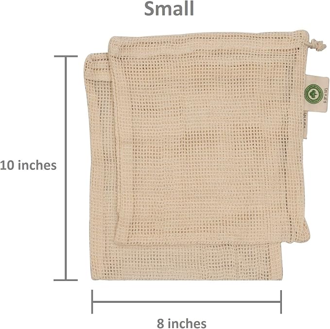 Reusable Cotton Mesh Produce Bags - 100% Organic Cotton, Durable, Double Stitched, Washable with Tare Weight & Drawstring - Mesh Bags for Grocery Shopping, Vegetables & Fruits | Set of 6 (2L, 2M, 2S)