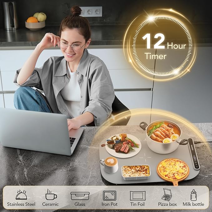 Coanto Food Warming Mat, Electric Warming Tray for Buffets & Parties, Silicone Heating Mat with 7 Temperature Settings, Roll-Up Storage, 17.91"x12.8", Light Grey