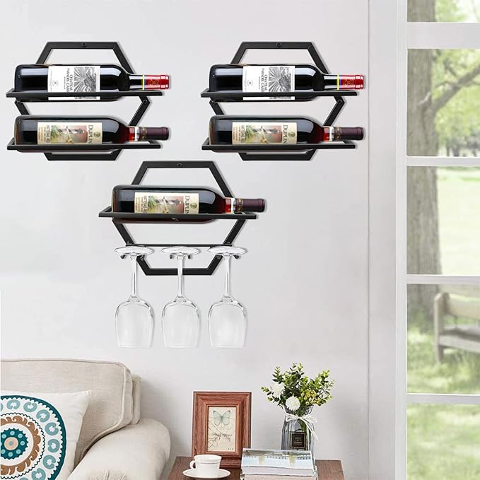 2Pcs Wall Mounted Wine Bottle Rack, Metal Hanging Wine Display Holder Organizer, Red Wine Racks for Home Kitchen Bar Decor Storage(Black) (B2)