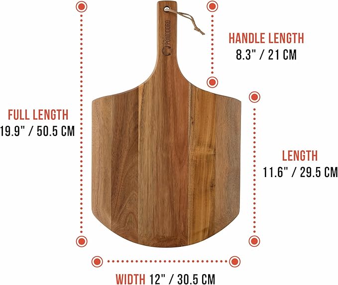 Chef Pomodoro 12-inch Acacia Pizza Peel, Wooden Pizza Peel 12 Inch, Homemade Wood Pizza Peel, Pizza Peel with Handle, Pizza Oven Accessories, Spatula Gourmet