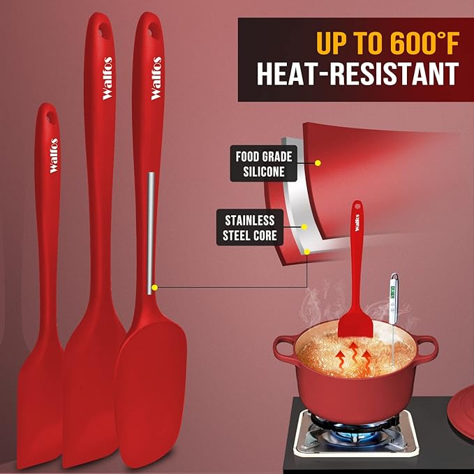 Walfos Silicone Spatula Set of 5-600°F Heat Resistant Kitchen Scraper Spatulas, Strong Steel Core and One-Pieces Seamless Design, Great for Cooking Mixing & Baking - BPA Free & Dishwasher Safe (Red)