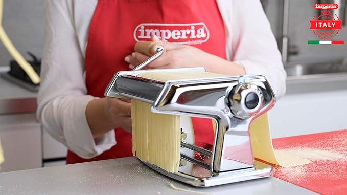 Imperia Titania Pasta Maker- Machine is 100% Made in Italy- Heavy Duty Steel Construction, Manual Roller with Wooden Handle- Cutter for Lasanga, Fettucine & More- Make Fresh Homemade Italian Noodles