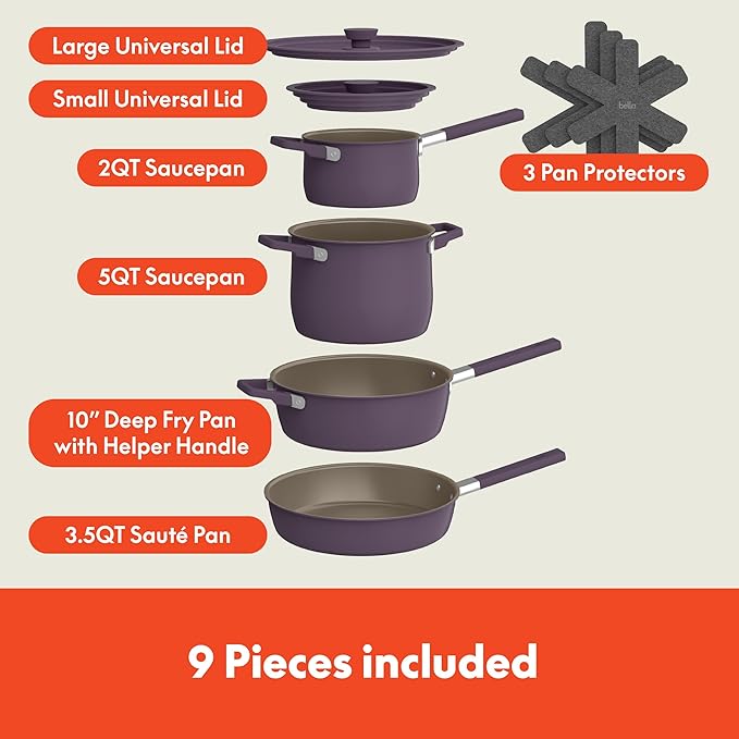 bella 9 Piece Ceramic Nonstick Cookware Set, Fits-anywhere™ Kitchenware w EverGood™ Coating, Dishwasher & Oven Safe, All Stovetops Compatible, Stackable Design, Cool Touch Handles, Plum