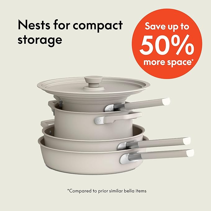 bella 9 Piece Ceramic Nonstick Cookware Set, Fits-anywhere™ Kitchenware w EverGood™ Coating, Dishwasher & Oven Safe, All Stovetops Compatible, Stackable Design, Cool Touch Handles, Oatmilk