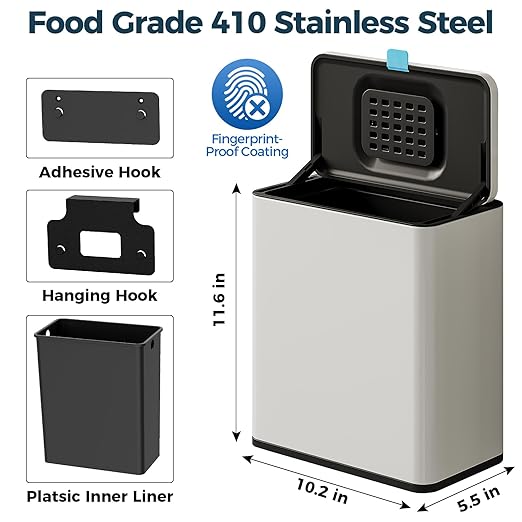 Stainless Steel Hanging Trash Can with Lid and Inner Bucket, 2 Gallon Kitchen Compost Bin for Counter Top, Under Sink or Wall Mount, Small Garbage Can for Cupboard/Bathroom/Bedroom/RV, White