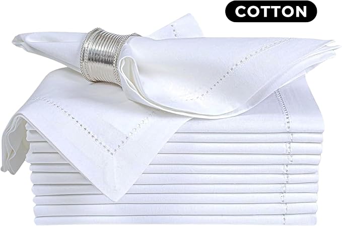 Bedding Craft Cotton Cloth Dinner Napkins Set of 12 – 18x18 White with Hemstitched Mitered Corners – Machine Washable Fabric Napkins for Weddings, Dinner Parties & Table Decorations