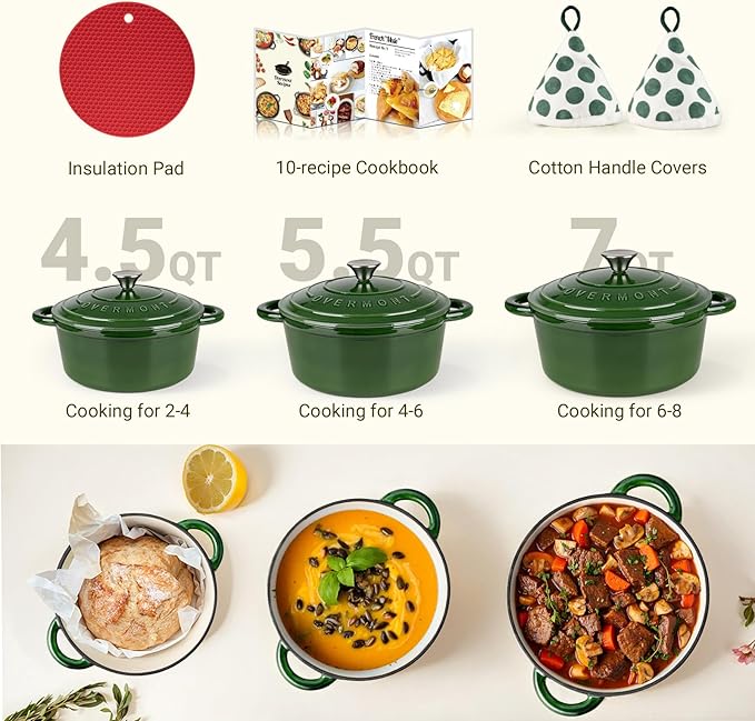 Overmont Enameled Cast Iron Dutch Oven - 5.5QT Pot with Lid Cookbook & Cotton Potholders - Heavy-Duty Cookware for Braising, Stews, Roasting, Bread Baking Glossy Green