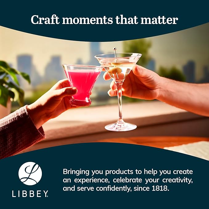 Libbey Cosmopolitan Stemless Martini Glasses Set Of 12, Dishwasher Safe Holiday Martini Glass, Lightweight Cocktail Glass Set for Wedding Party