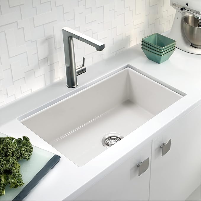 Houzer Platus White Fireclay Kitchen Sink: 32 Inch Undermount Single Bowl Kitchen Sink, Durable & Versatile, Essential for Home & Apartment: PTU-3600 WH