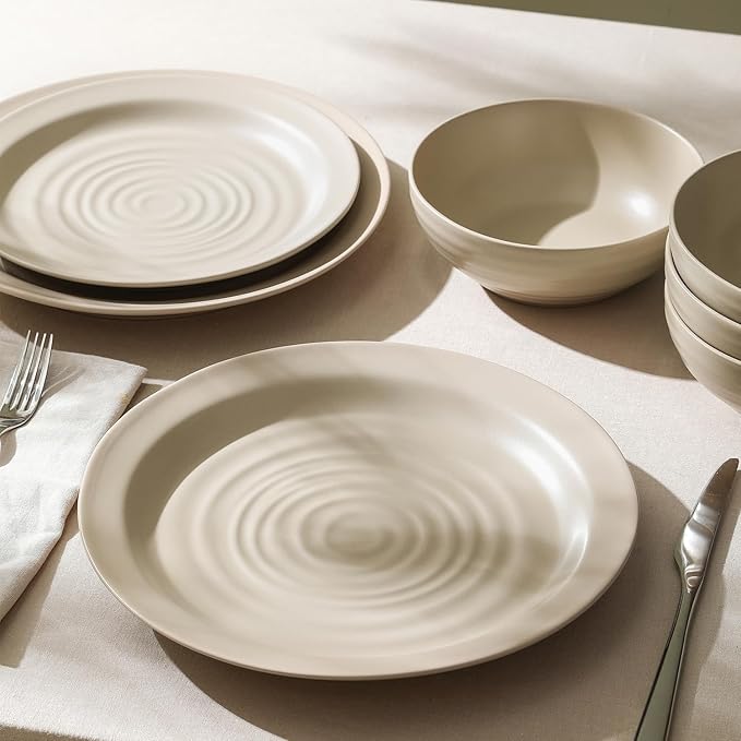 Stone Lain Orbit 24-Piece Dinnerware Set Stoneware, Plates and Bowls Set, Pasta Bowls, Microwave and Dishwasher Safe, Dish Set for 8, Beige