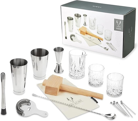 Viski Bartender Kit and Barware Set Includes Boston Cocktail Shakers, Mixing Glass, Jigger, Muddler, Strainer, Bar Spoon, Whiskey Glasses, Ice Bag, Mallet, and Cocktail Picks, Home Bar Gifts, 17-Piece