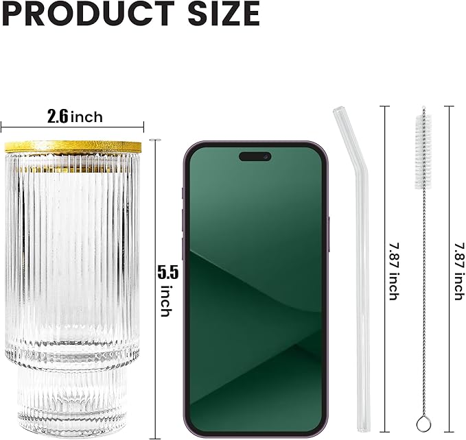 16oz Drinking Glasses Cups Set of 2 with Bamboo Lids Straws Brush Vintage Glassware Set for Mojito Iced Coffee Beer Cocktail Whiskey(Ribbed & Hobnail)