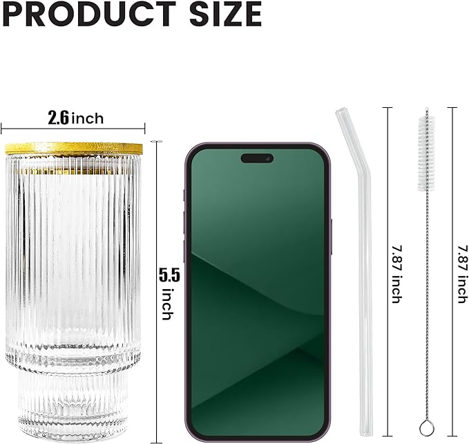 11oz Glass Tumbler with Straw and Lid Ribbed Vintage Iced Coffee Glasses for Tea Soda Cocktail Smoothie(Ribbed*2)