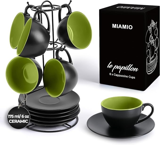 MIAMIO - Set of 6, Ceramic Stackable Cappuccino Cups Set / 6 Ounce Cappuccino Mugs and Saucer with Metal Stand for Coffee Drinks, Cafe, Latte, Americano and Tea - Le Papillon Collection (Green)