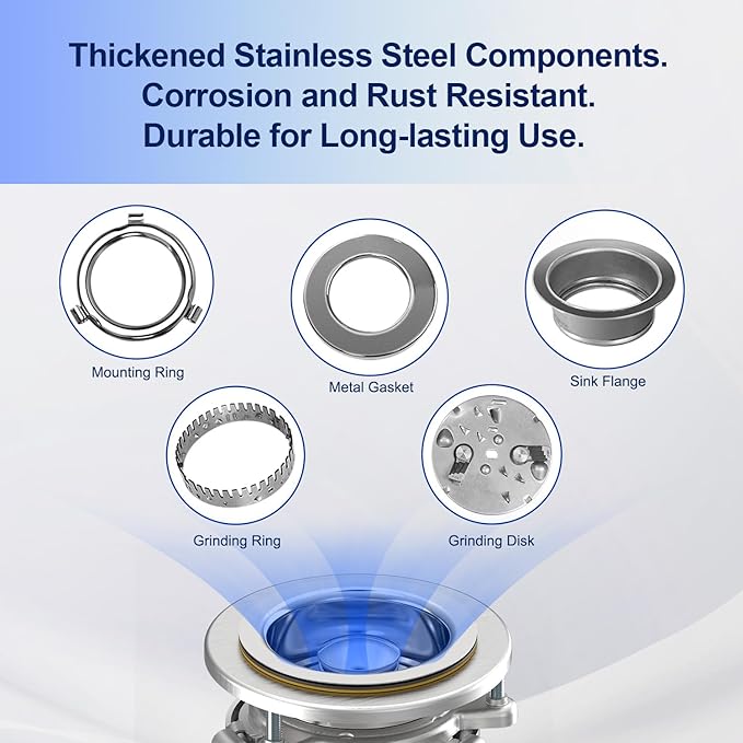 Small Garbage Disposal 3/4 HP for Kitchen sink Quiet with Power Cord, Continuous Feed Food Waste Disposer Stainless Steel Grind 0.75 Horsepower, Easy to install