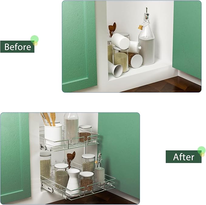 LOVMOR 2 Tier Individual Pull Out Cabinet Organizer 11"W x 21"D, Slide Out Kitchen Cabinet Storage Sliding Shelves