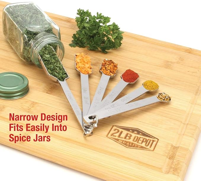 2lbDepot Measuring Spoons Set of 7 Includes Bonus Leveler, Premium, Rust Proof, Heavy Duty, Chrome Plated, Stainless Steel Metal, Narrow, Long Handle Design fits into Spice Jars